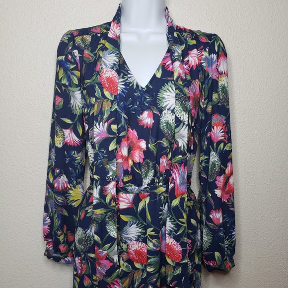 Jcrew Sz XS Tie-Neck Navy Floral Print Sheer Top Midi Dress (475) - Picture 3 of 10